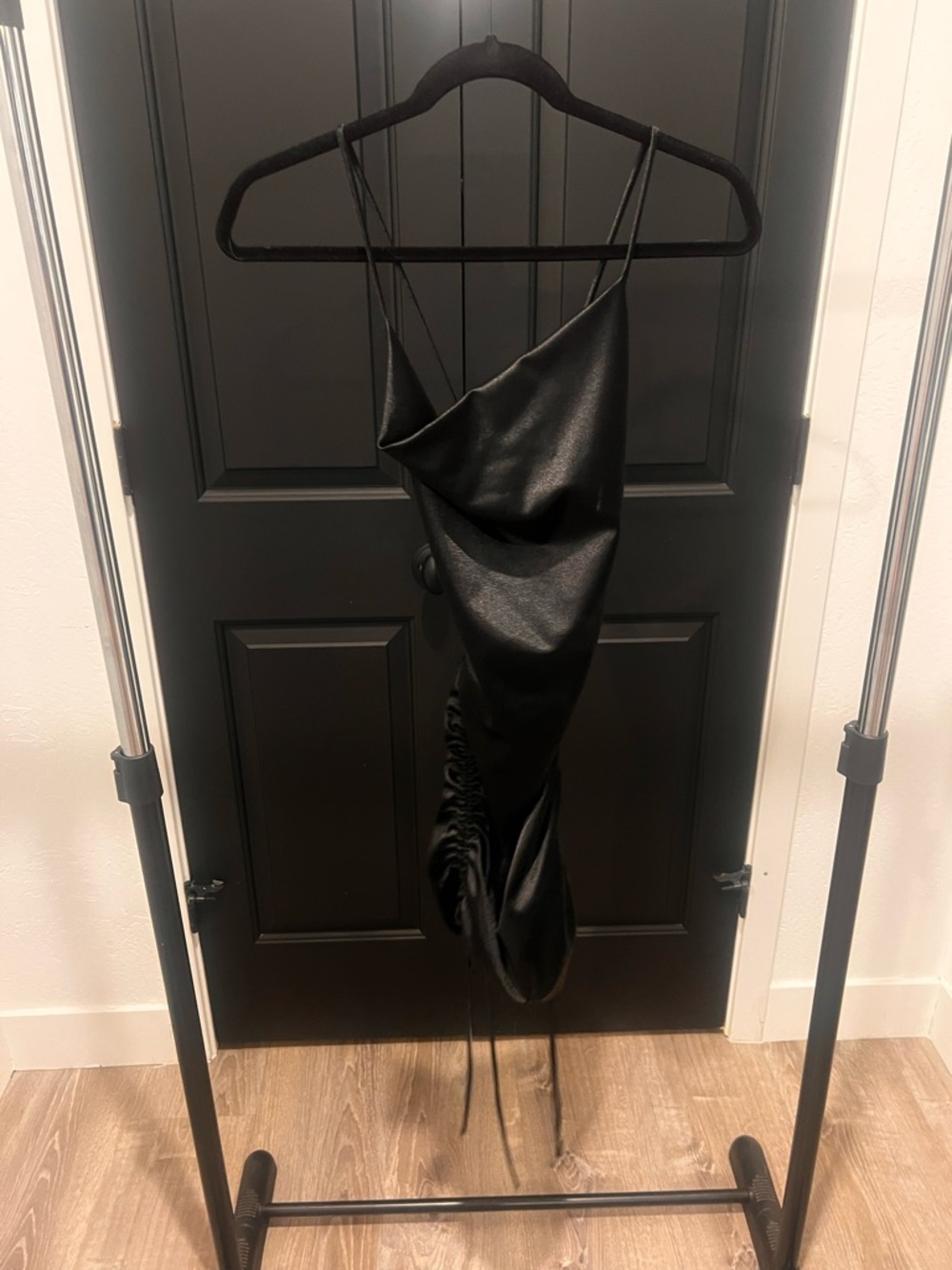 Source Unknown Black Satin Slip Dress with Ruched Side